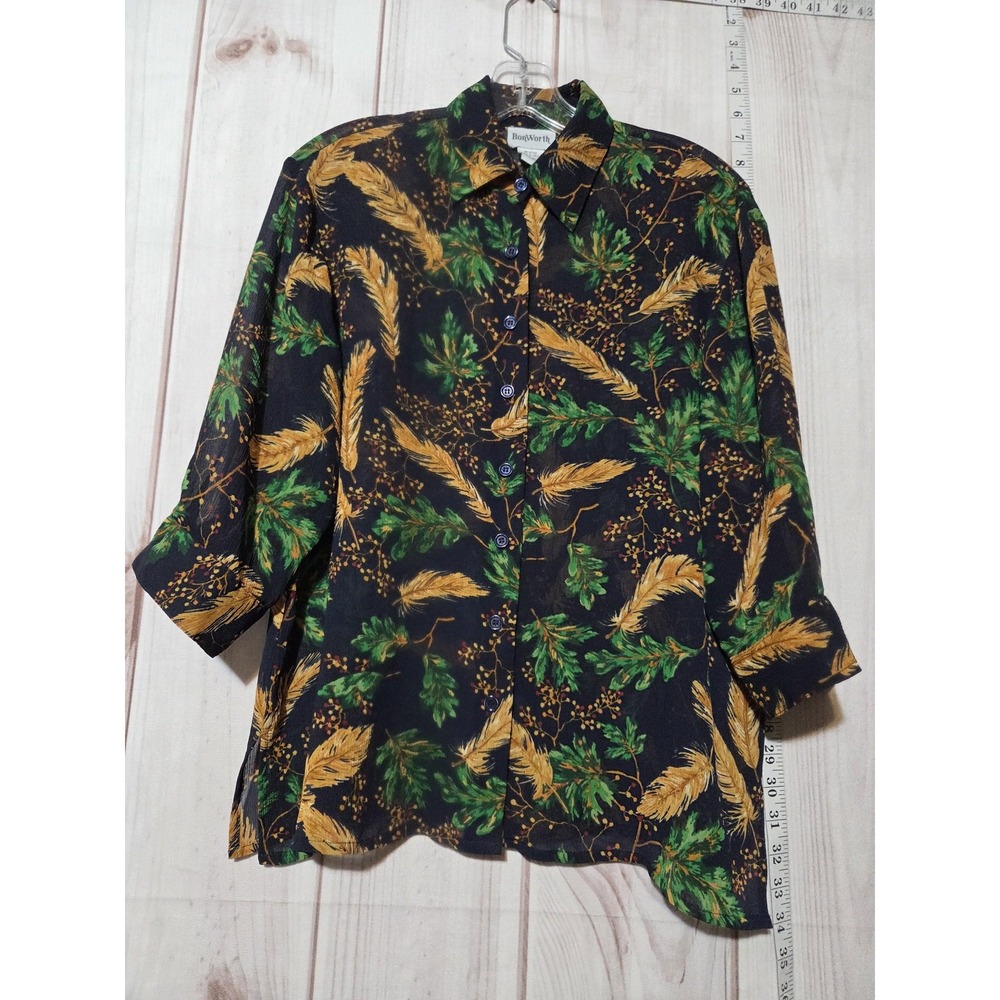 BonWorth Shirt Womens Small‎ Petite Black Sheer Leaf Print Button Front Blouse